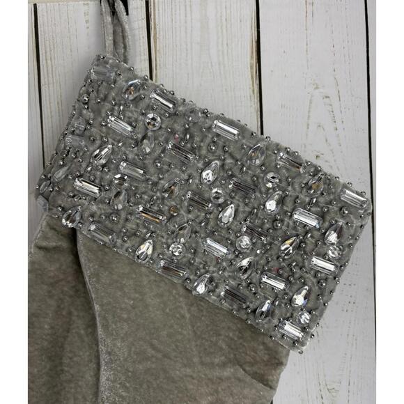 Christian Lacroix Beaded Crystal Velvet Stocking Silver 1839 - Picture 2 of 5